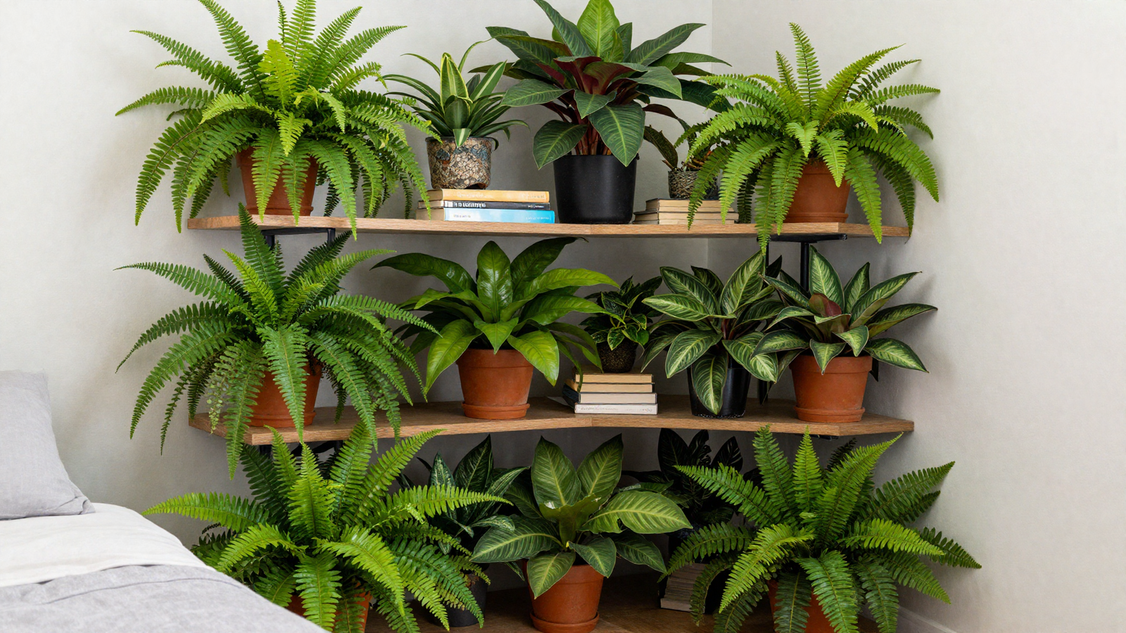 Bedroom reading nook corner with humidity-loving ferns and calathea plants layered on shelf and floor