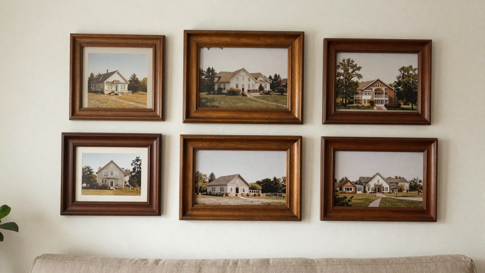 Living room gallery wall with thick vintage-style wooden picture frames in warm brown tones