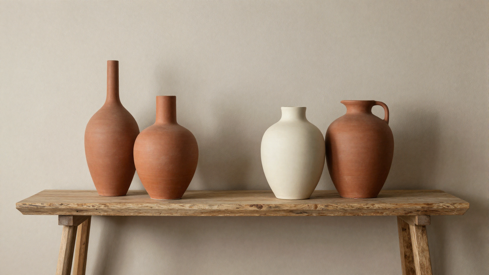 Console table vignette with handmade ceramic vases in matte terracotta and cream