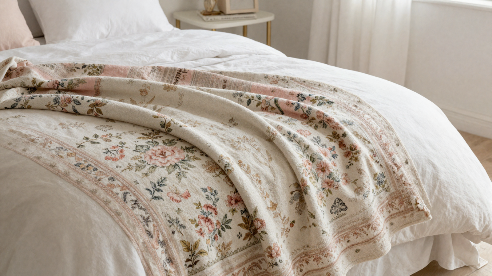 Bed layered with vintage floral heirloom textile throw blanket in muted pink and cream