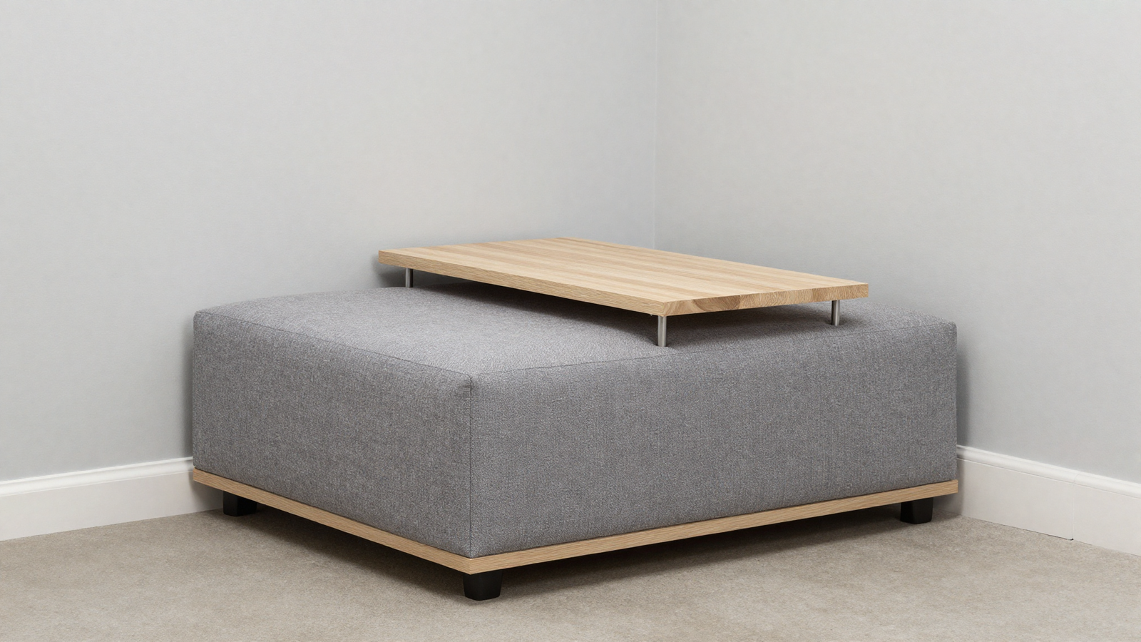 Small living room corner with multi-purpose storage ottoman doubling as coffee table and seating