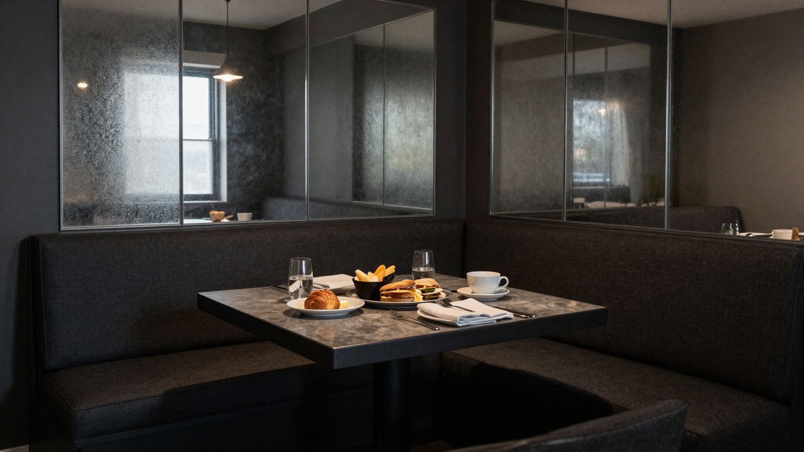 Cozy breakfast nook with mirrored wall paneling reflecting light in moody dark tones