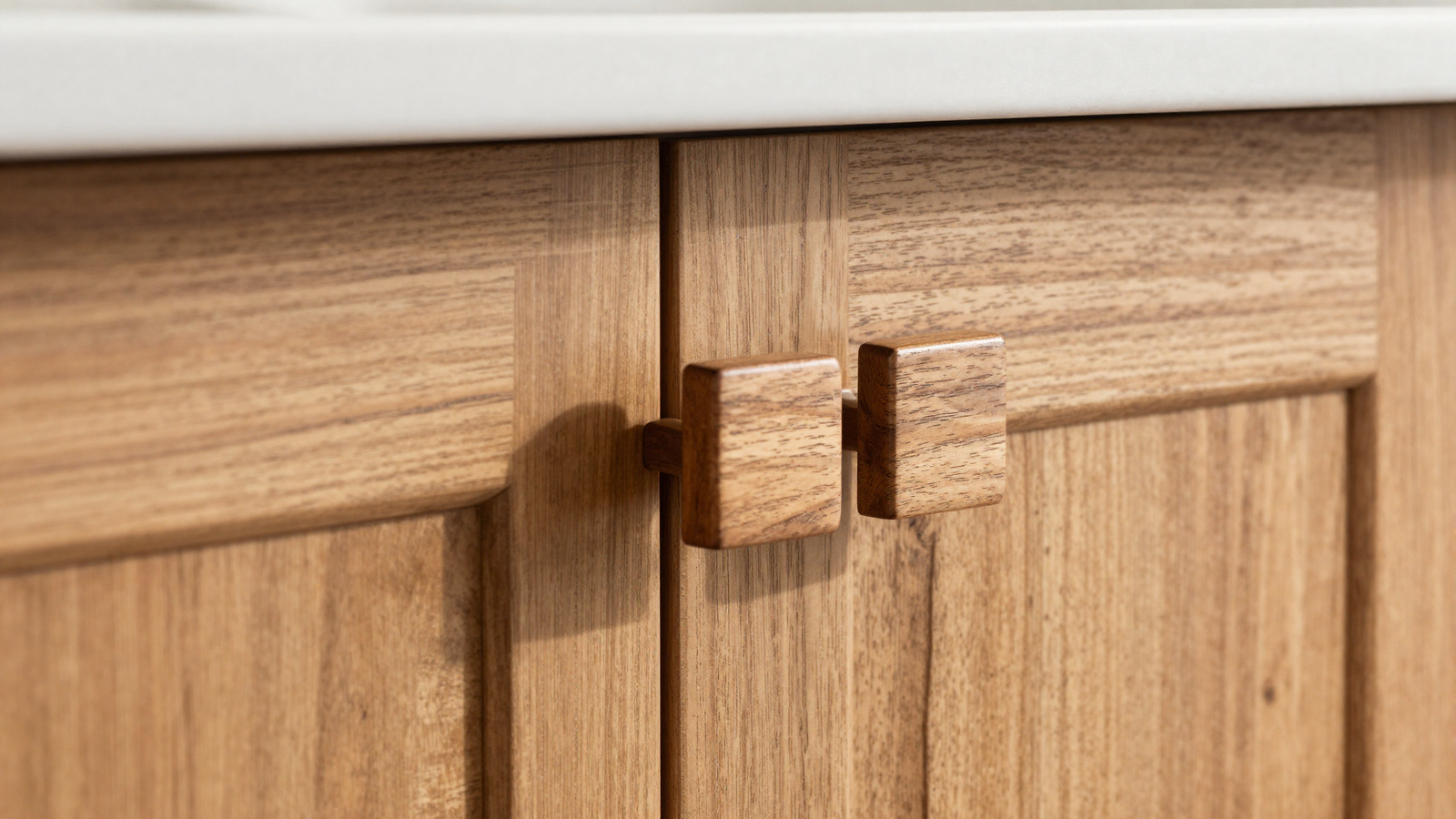 Kitchen cabinet close-up with square wooden knobs in warm oak wood on wood hardware
