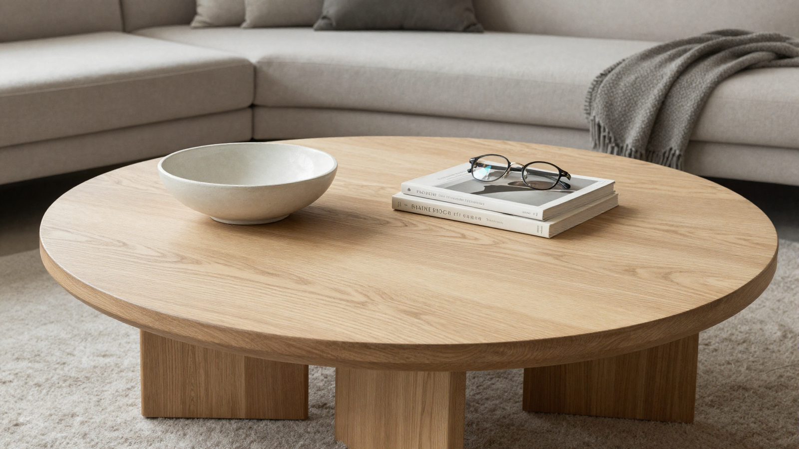 Living room with round organic curved coffee table in light oak wood styled with ceramic bowl and books