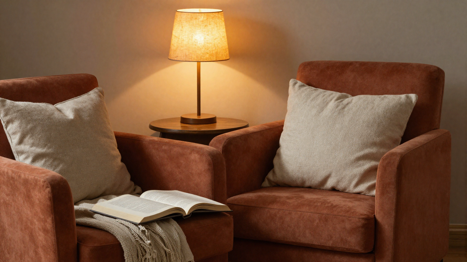 Warm reading corner with earthy terracotta armchair and soft amber lamp light