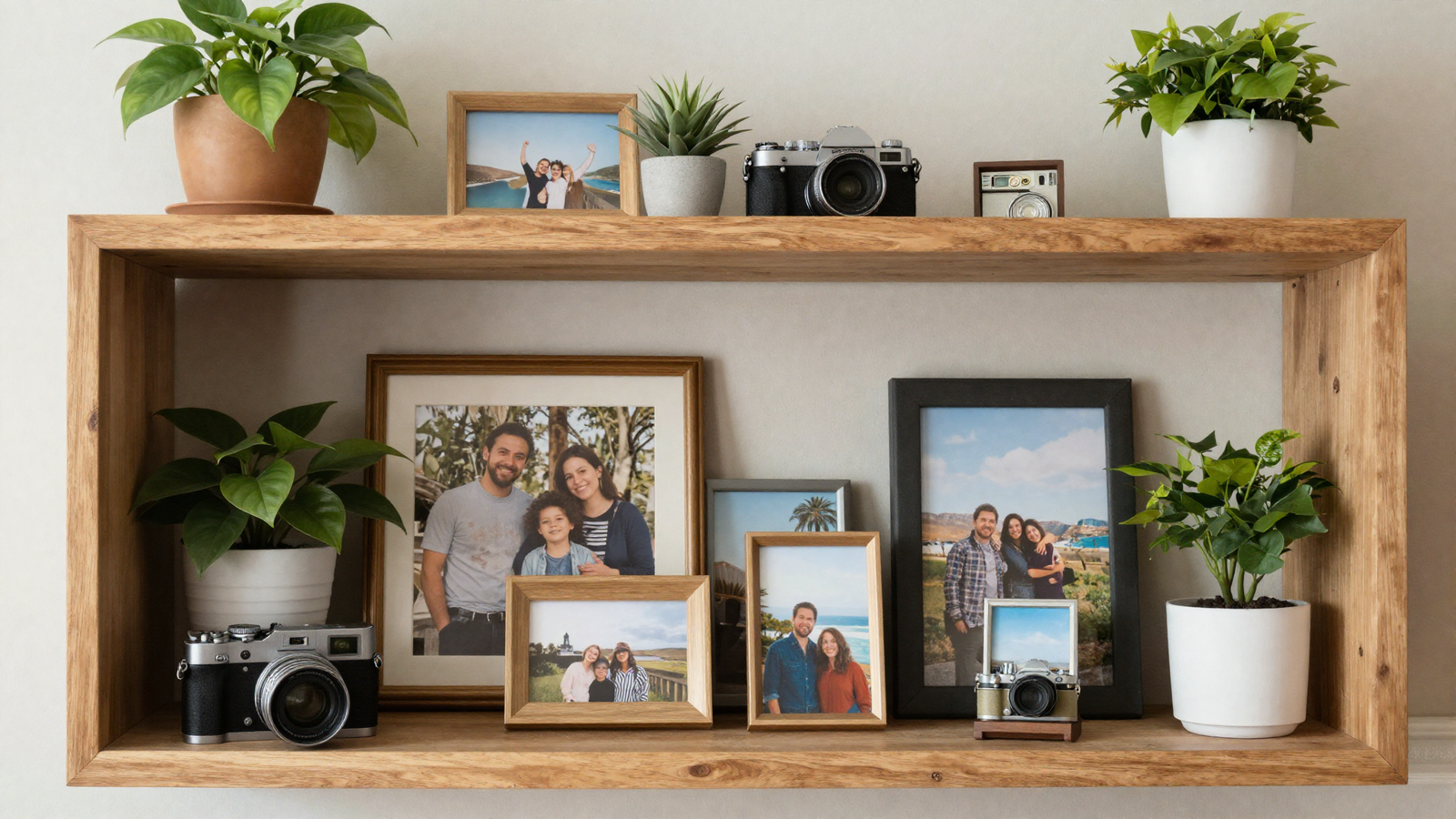 Open wooden shelf display with personal travel souvenirs and family photos mixed with plants