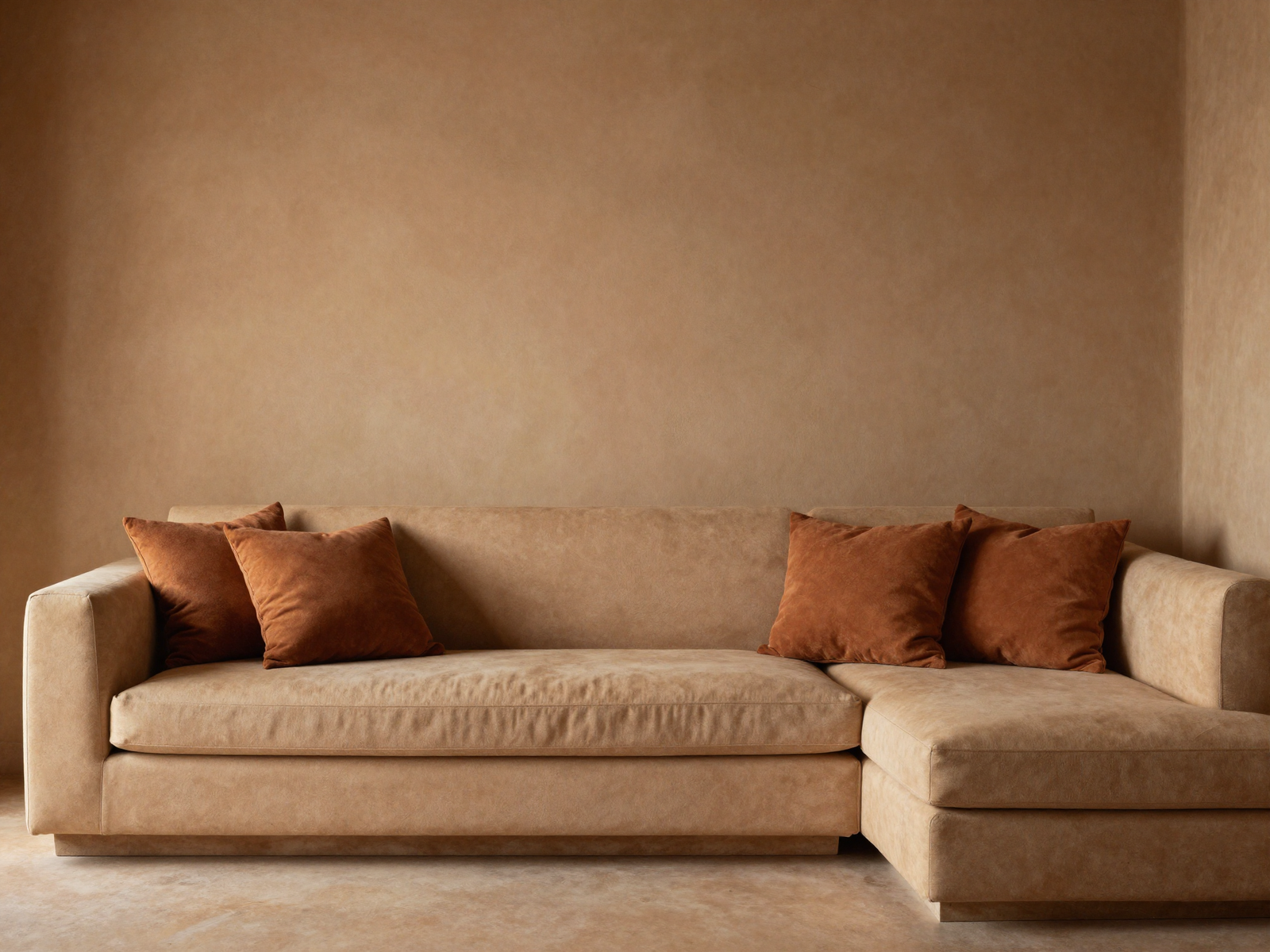 Living room in warm terracotta and sand color palette with rust pillows