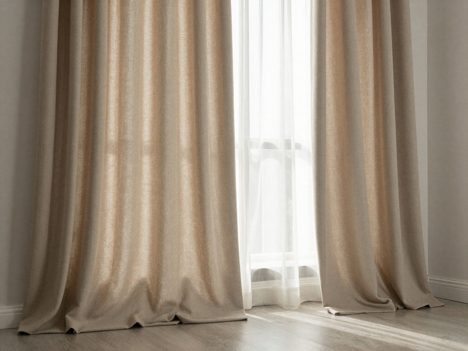 Living room window with sheer curtain layered under heavy floor-length drape