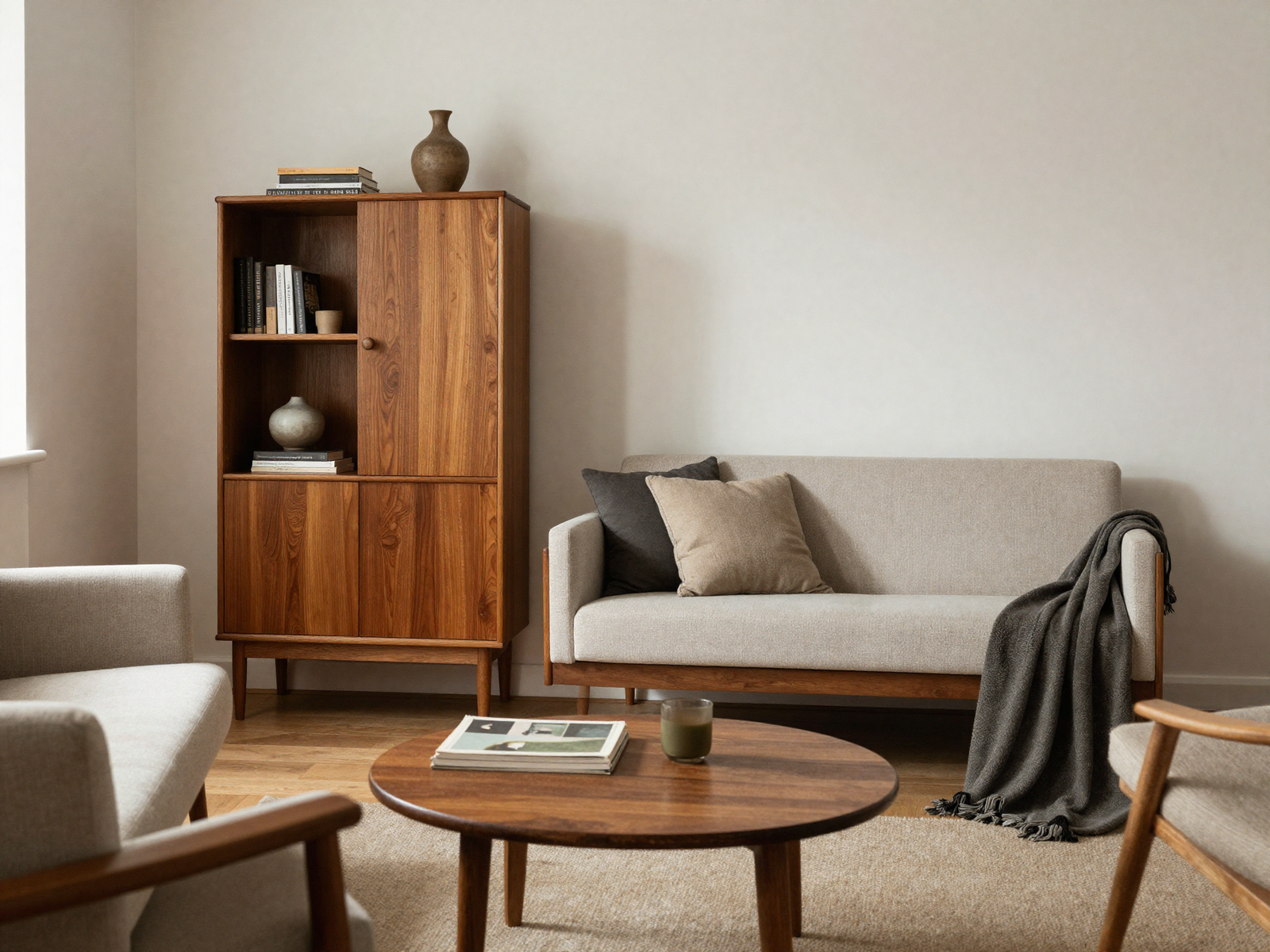 Living room mixing a vintage wood cabinet with a modern sofa