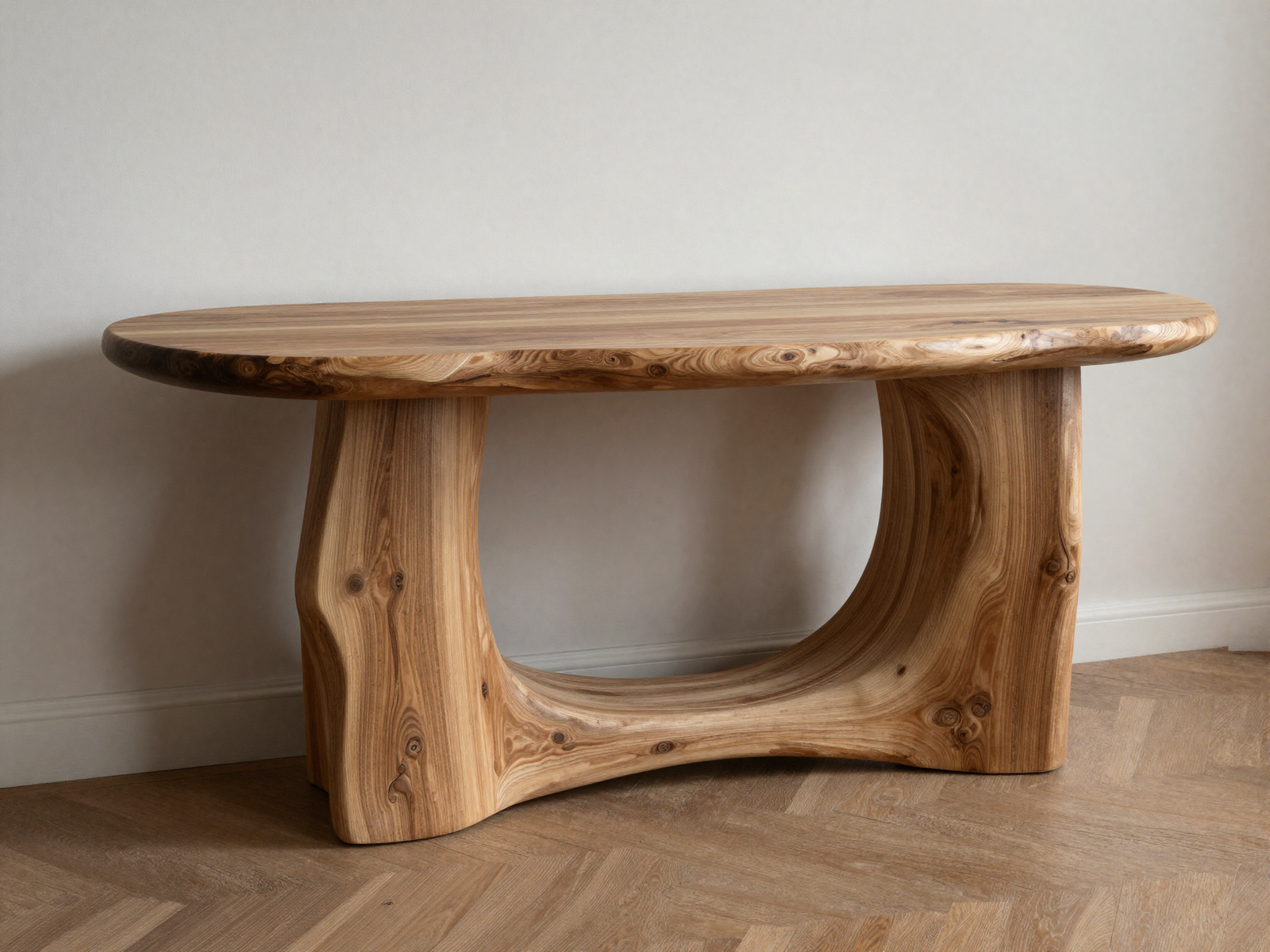 Sculptural curved oak console table with organic wood grain