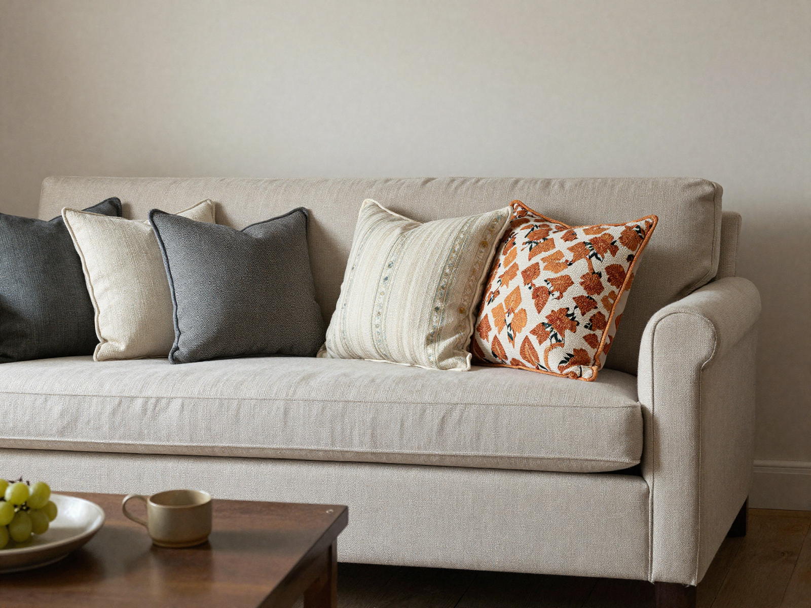 Floral armchair paired with a linen sofa and patterned throw pillows