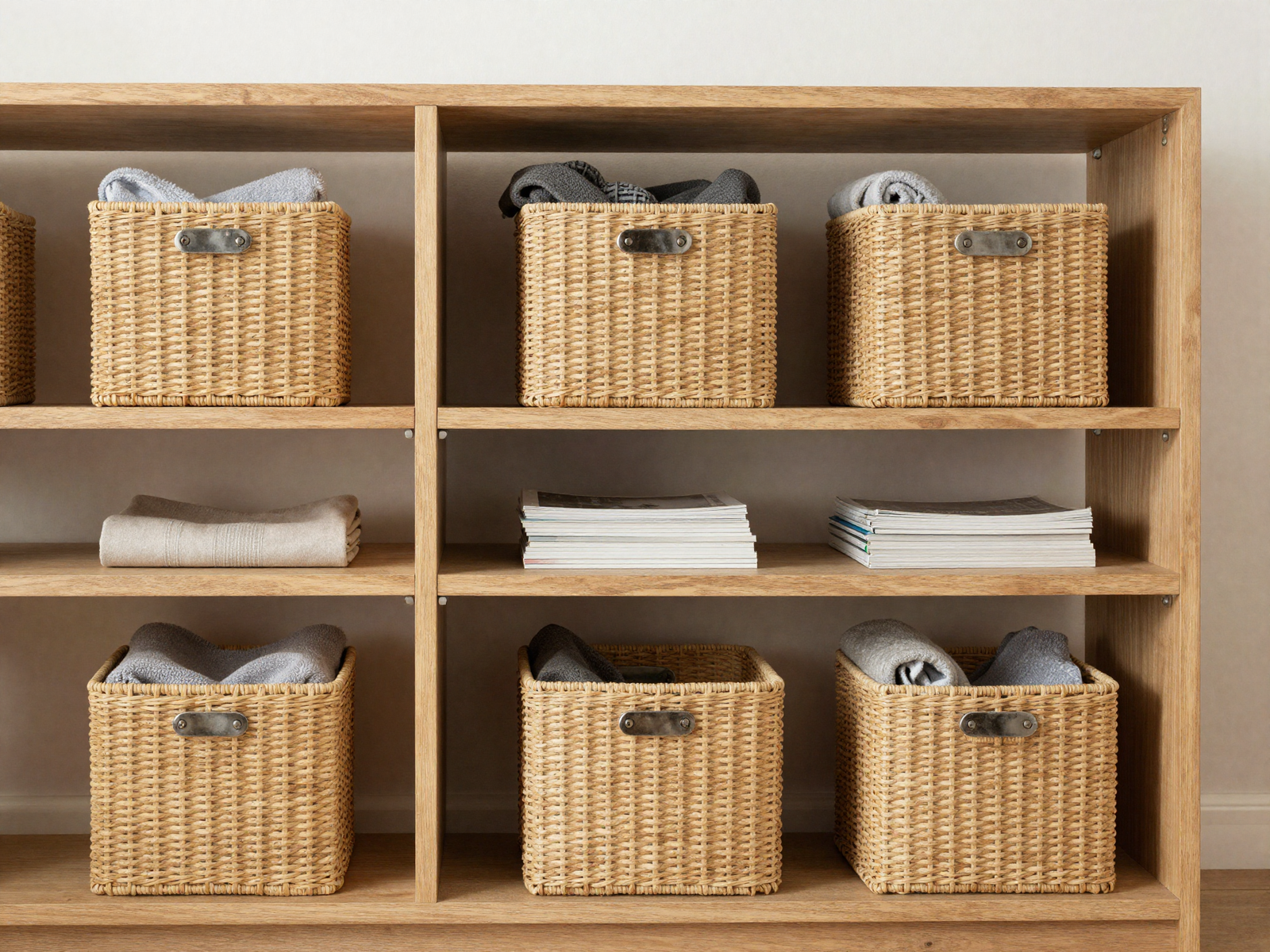 Woven seagrass baskets holding blankets on an open wood shelf