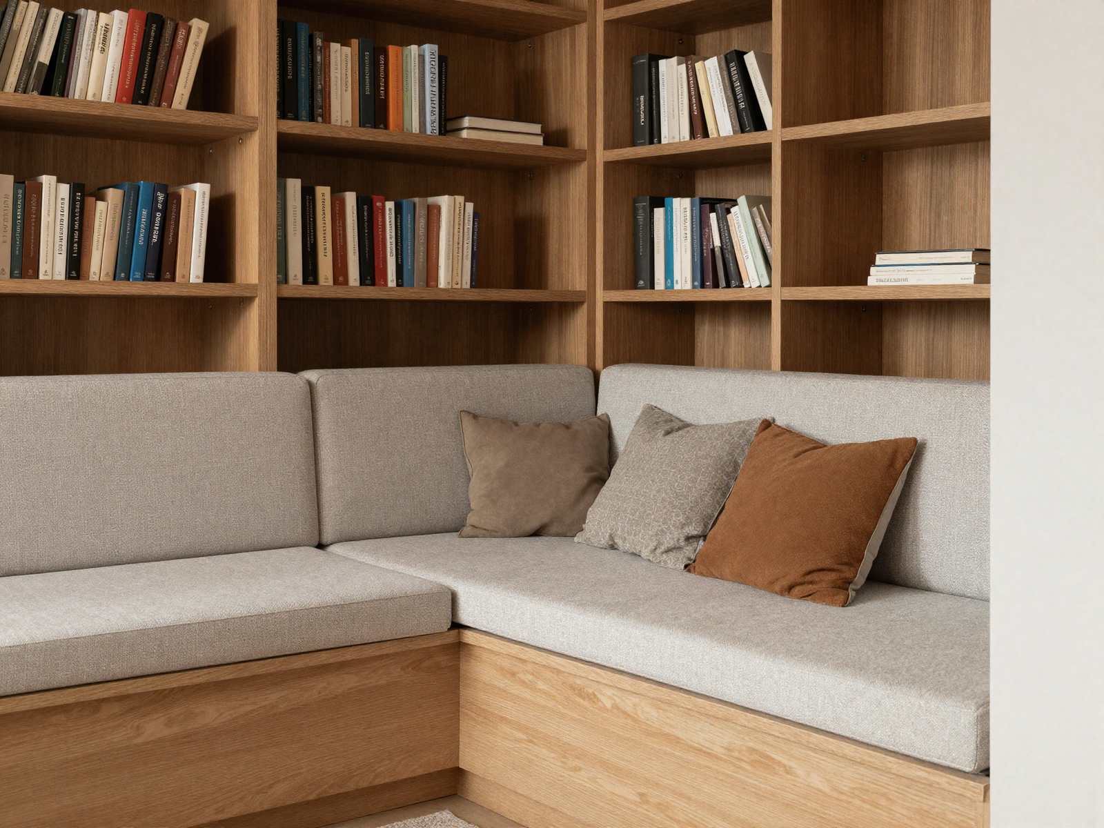 Upholstered banquette bench built between two living room bookcases