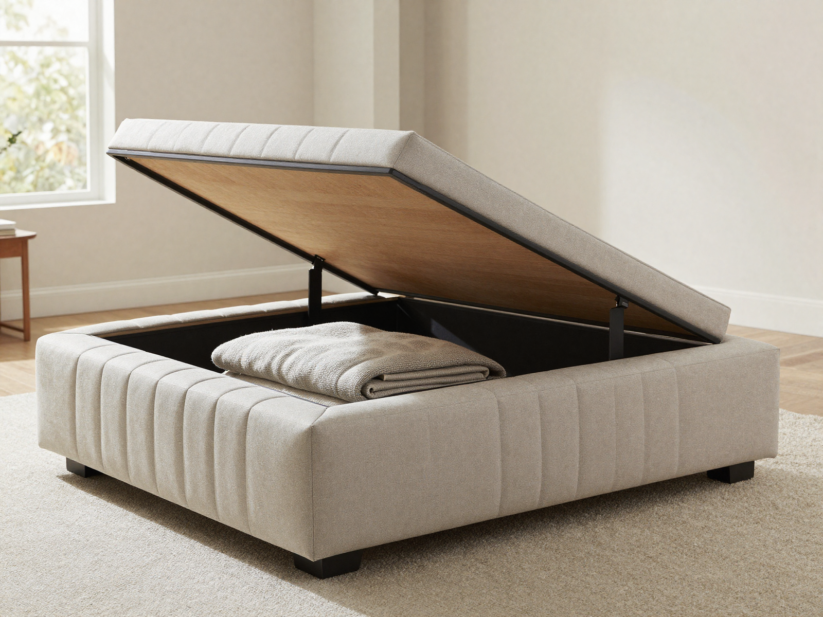 Box-pleated ottoman open to reveal hidden blanket storage inside