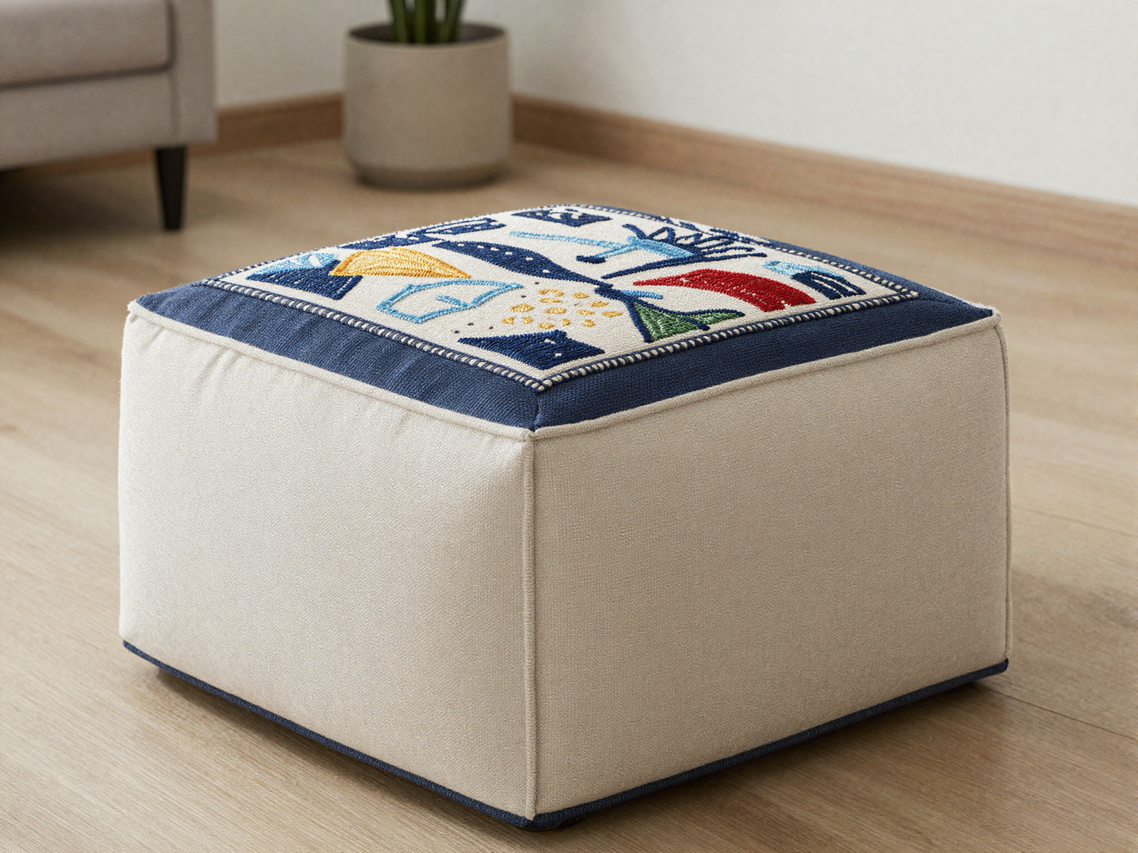 Footstool upholstered with contemporary embroidered graphic pattern