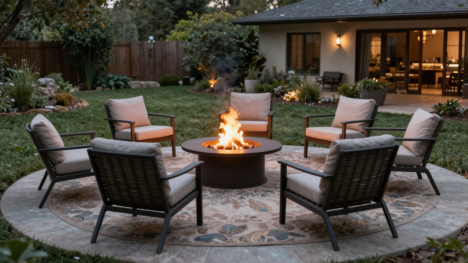Outdoor seating arranged in a circle around a fire pit facing inward