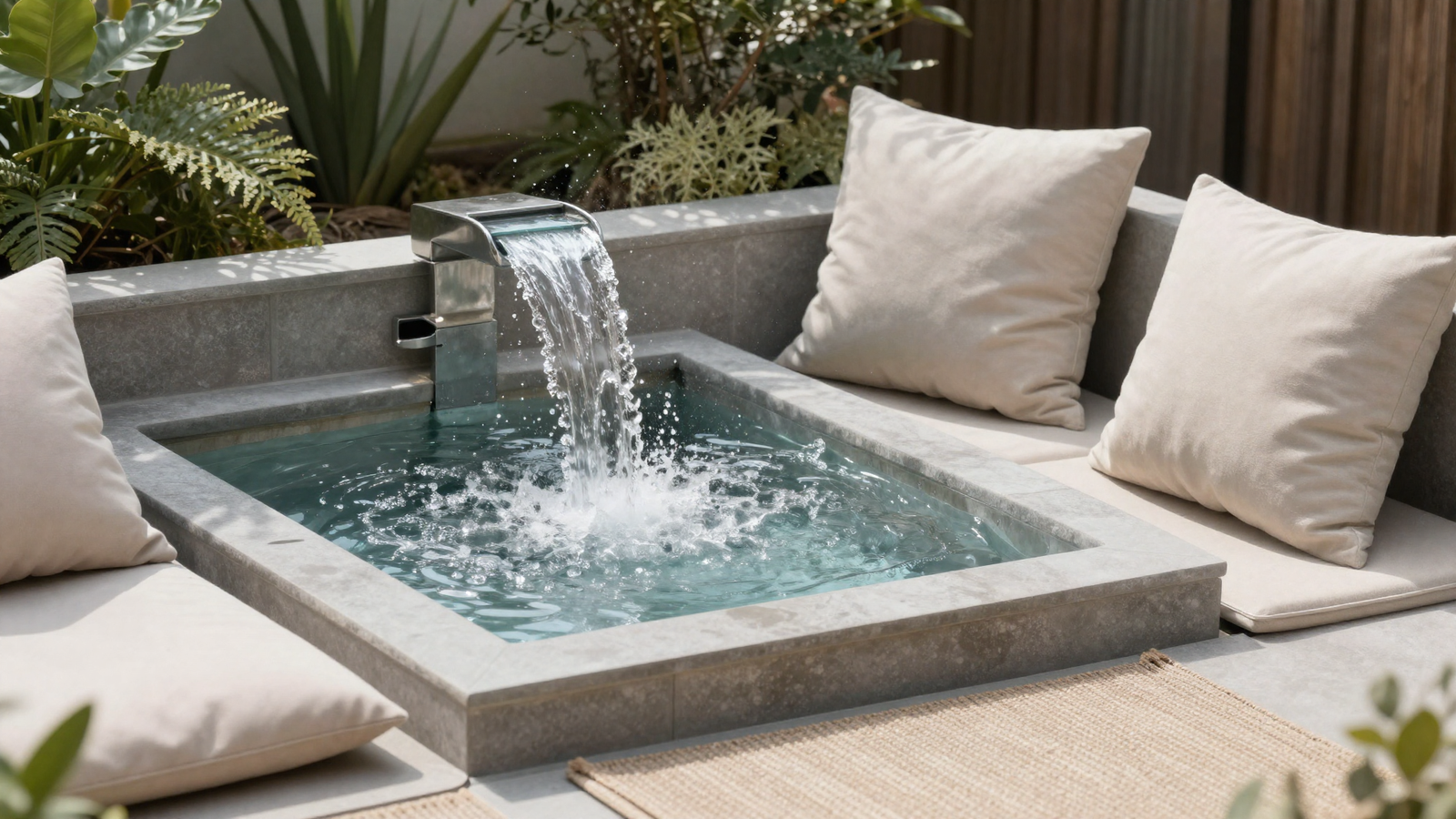 Small water feature with gentle splash in a backyard corner surrounded by plush cushions