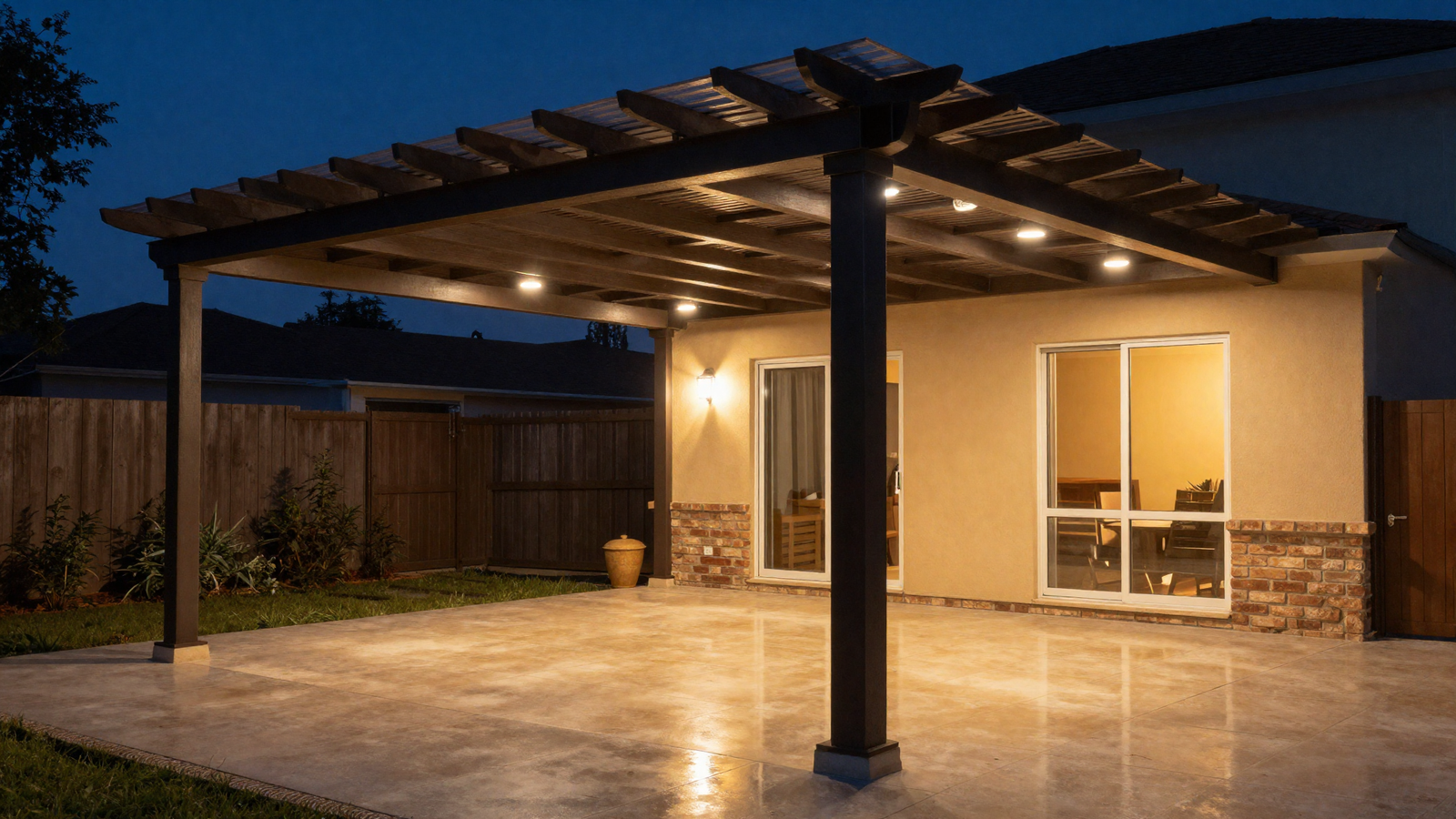 Dark aluminum pergola with fully closed louvred ceiling and recessed downlights at night