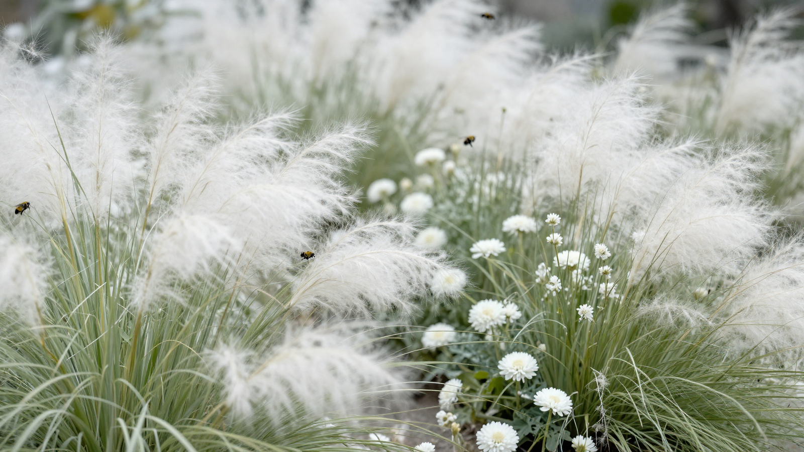 All-white moon garden with cloud muhly grass and soft white calamintha blooms