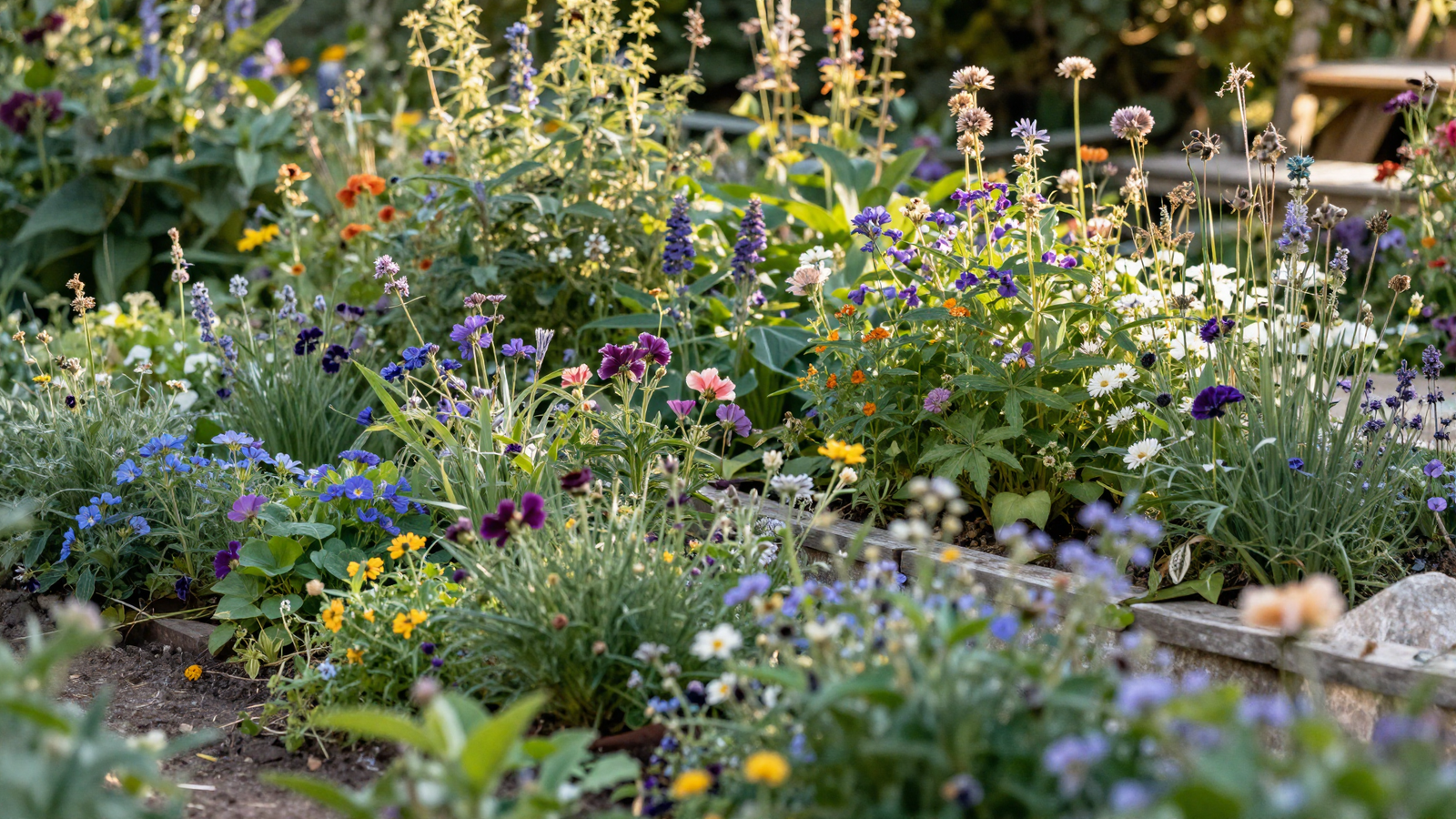 Relaxed cottage garden overflowing with layered perennials and self-seeded flowers