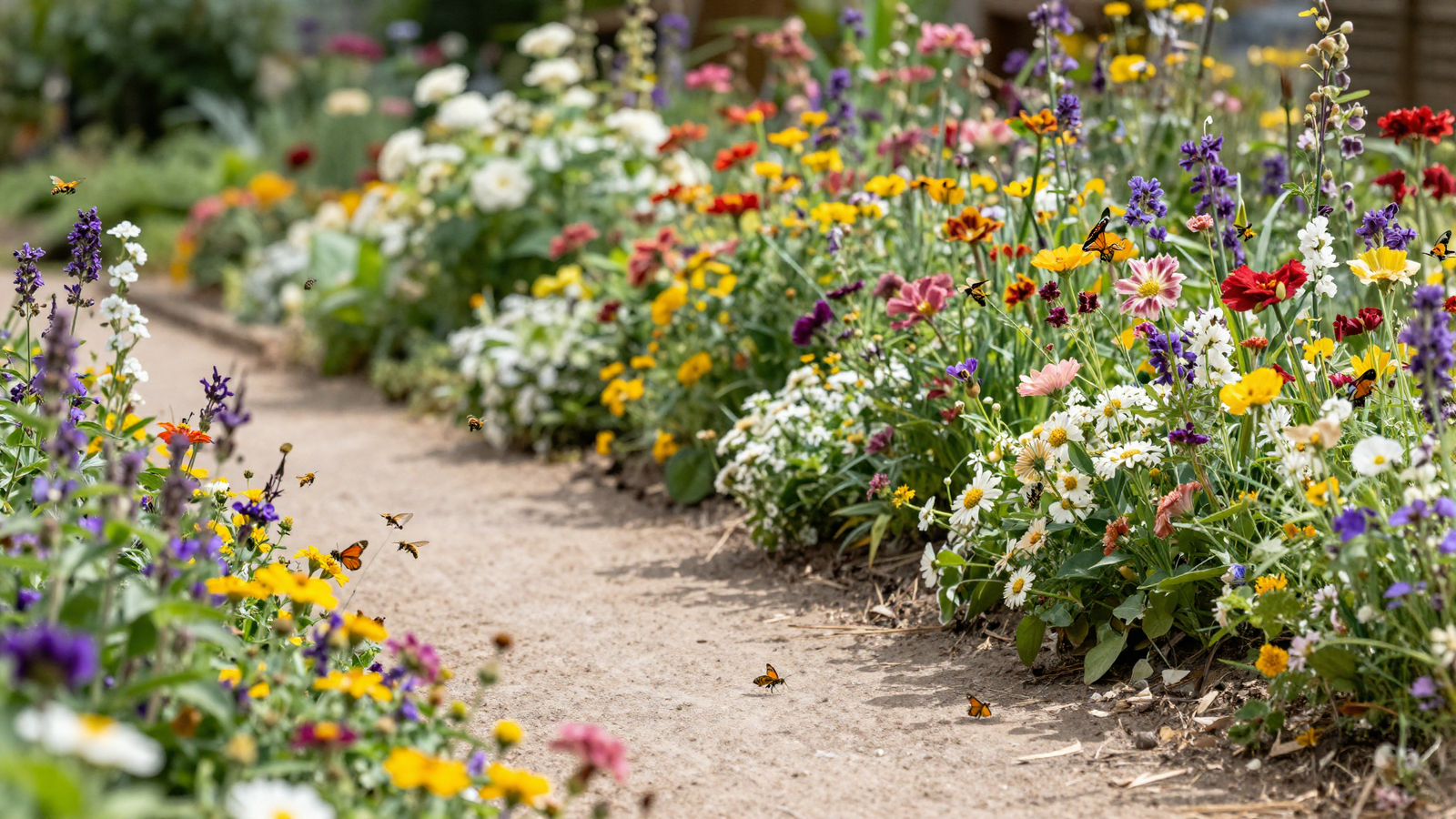 Continuous blooming pollinator pathway with flowers at different heights and staggered bloom times