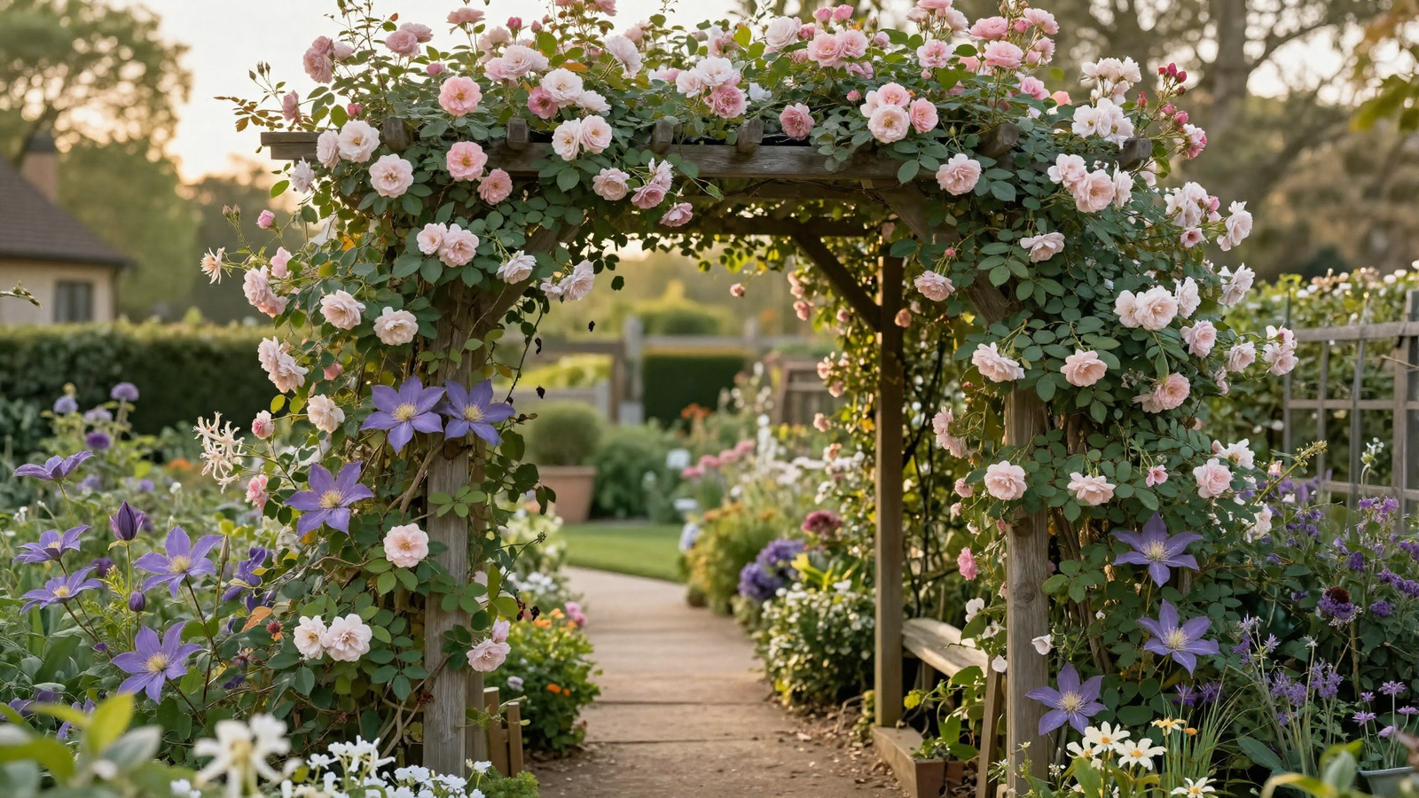Pergola covered in climbing roses clematis and honeysuckle vines