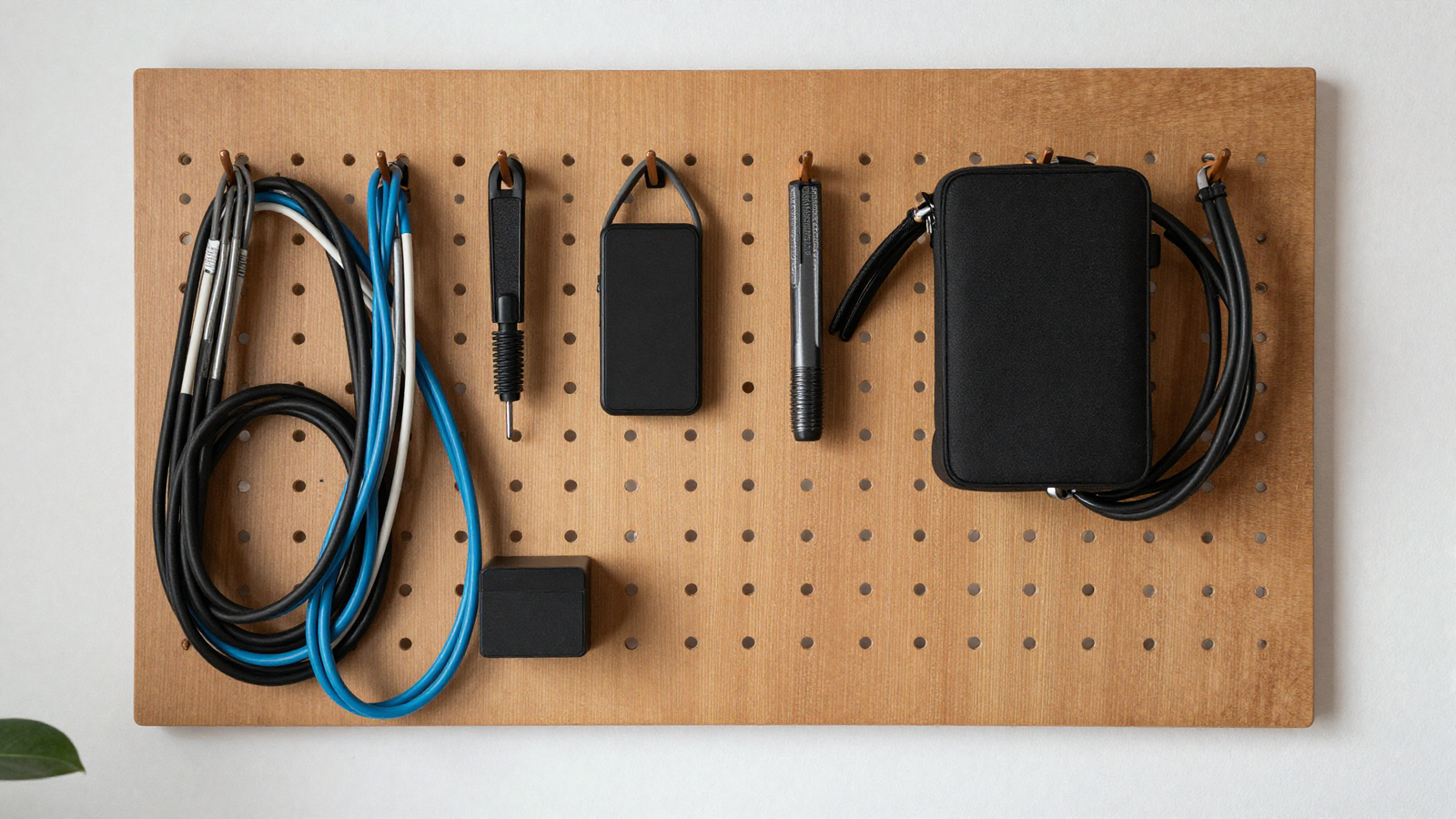 Home office wall with warm wood pegboard holding organized cables tools and hooks