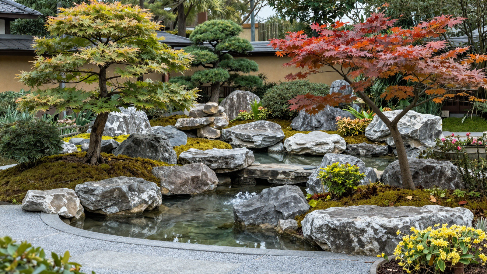 Japanese-inspired garden with stone hardscaping micro pond and layered trees