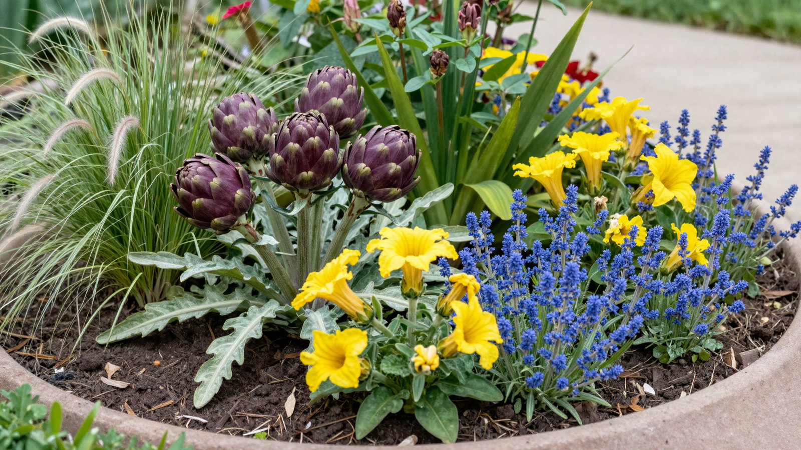 Decorative permaculture bed with purple artichokes feather grass and yellow squash blossoms
