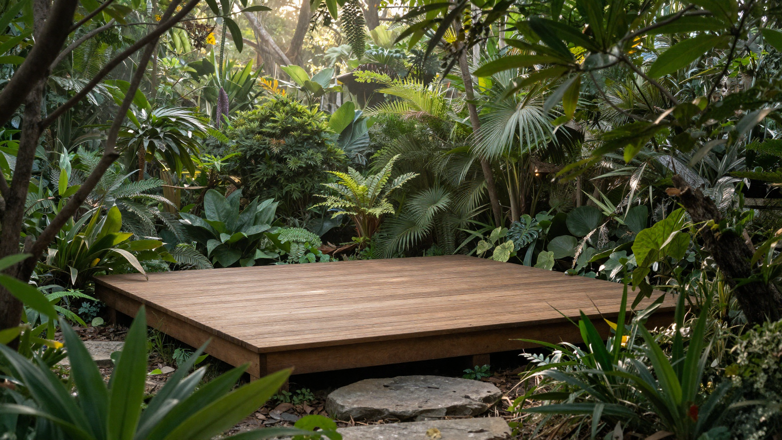 Small wooden yoga platform tucked among trees in a secluded garden corner