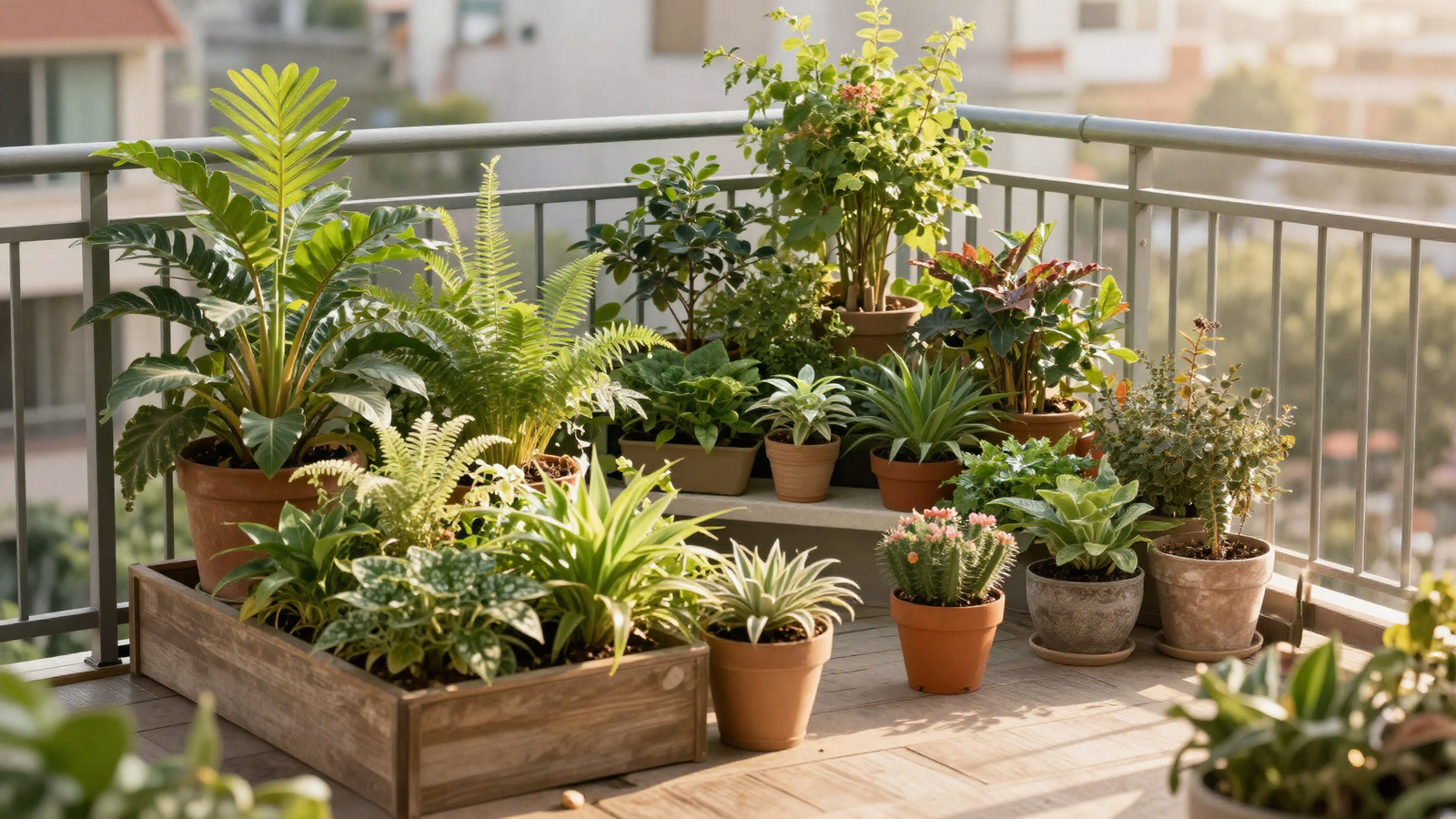 Micro garden terrace on a small urban balcony with lush layered container plants