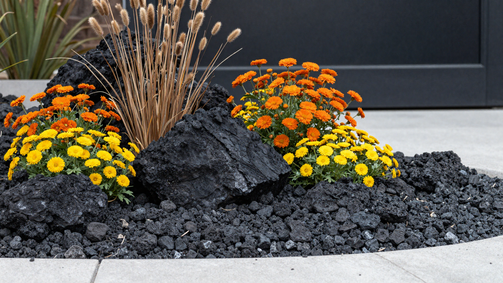 Garden bed with charred wood volcanic rock texture and dried seed heads with bright accent flowers
