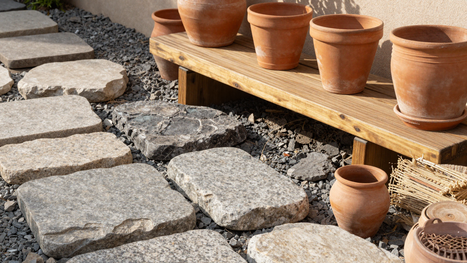 Flamed granite stepping stones brushed teak bench and hand-molded terracotta pots together