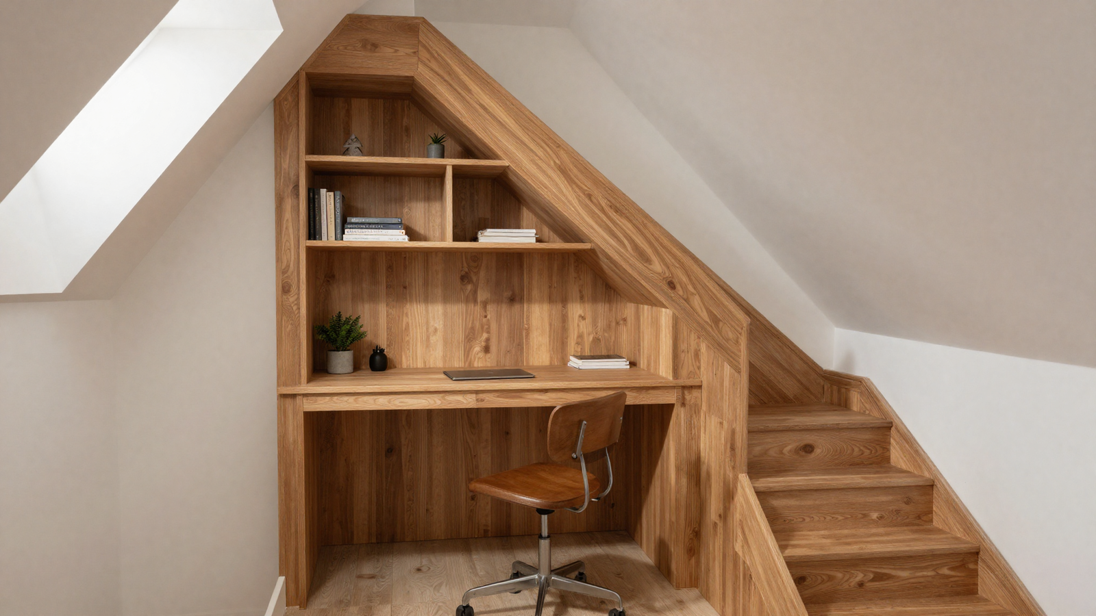 Small home office built into under-stairs nook with custom desk fitted to sloped ceiling