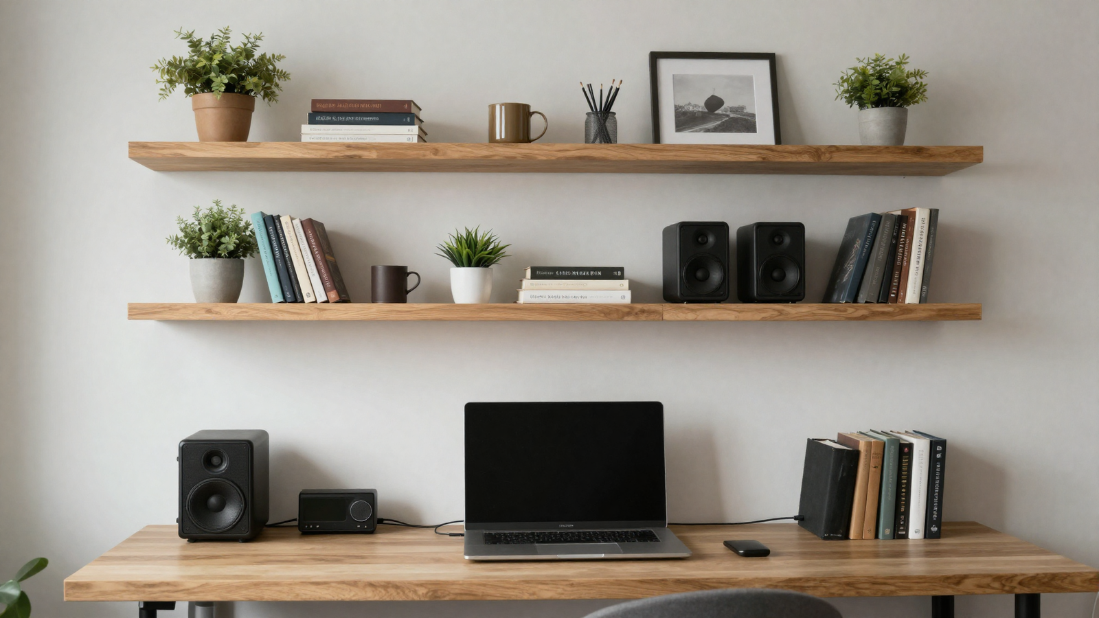 Floating wood shelves above home office desk holding books plant and speakers