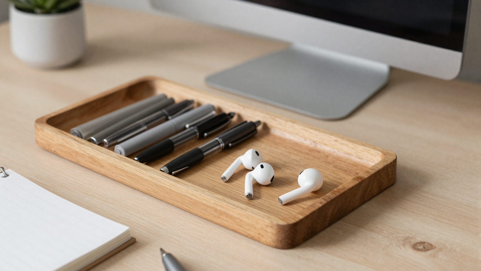Home office desk with shallow wooden tray holding pens notes and earbuds