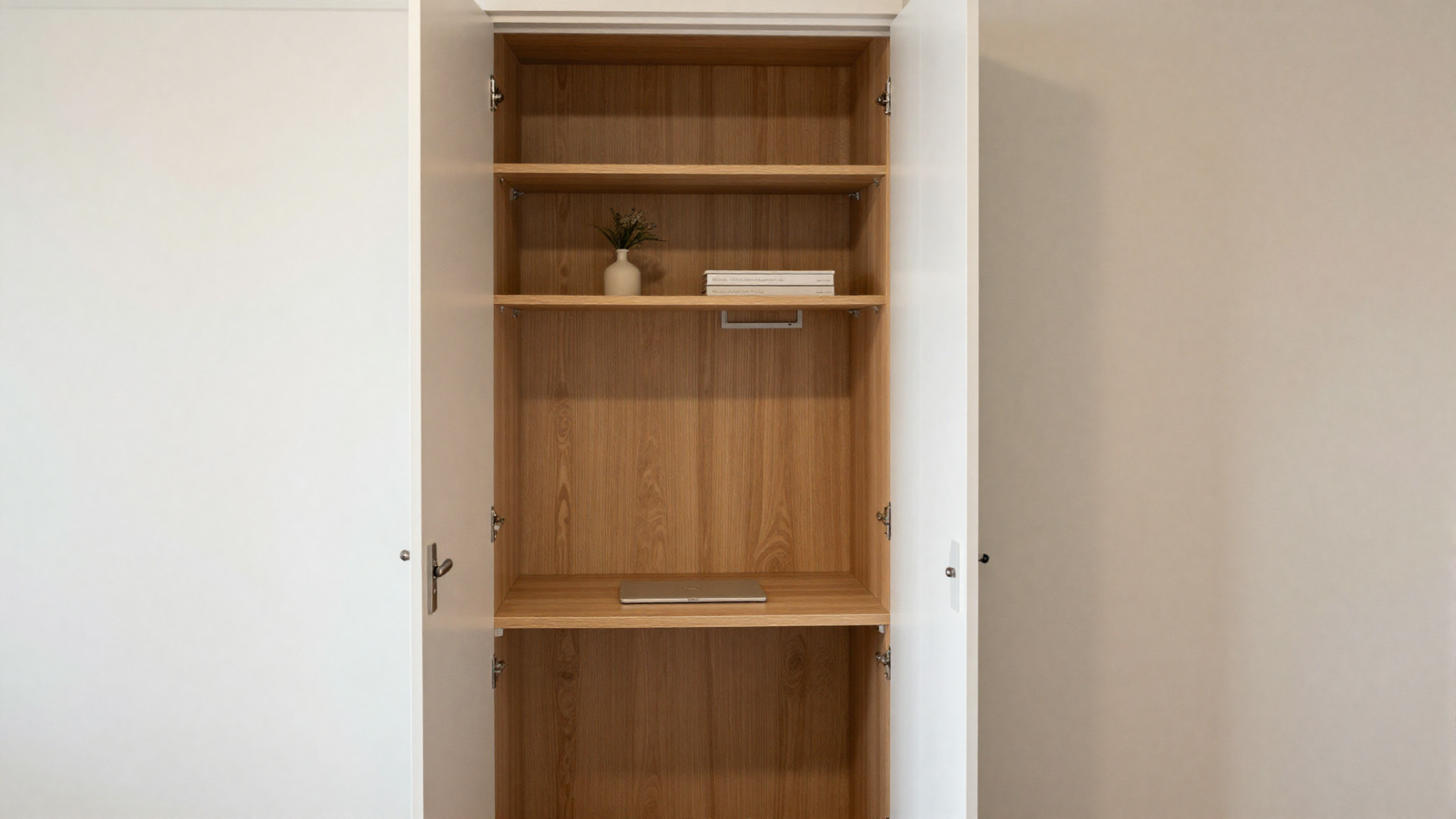 Closet converted into compact home office with small desk and shelving inside open doors
