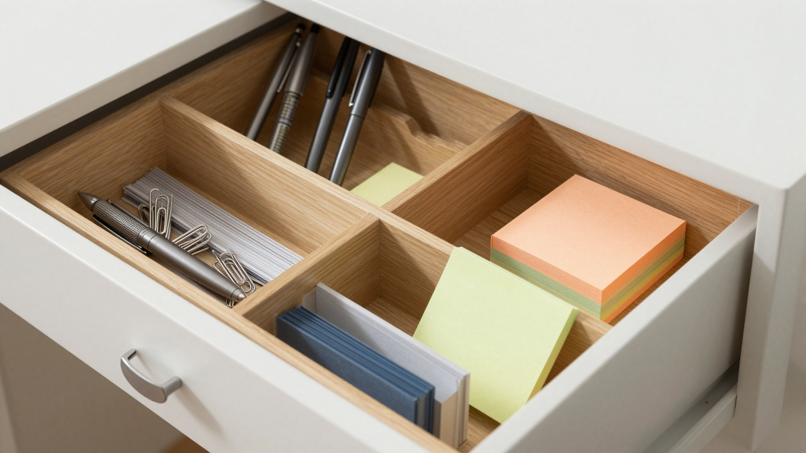 Open desk drawer with wooden divider organizers holding pens paperclips and sticky notes