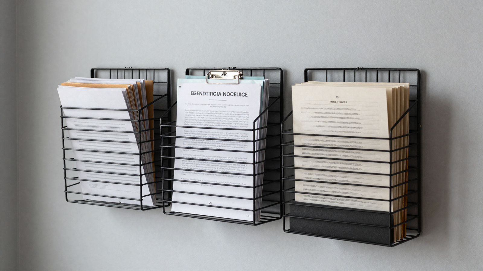 Home office wall with sleek black wire file organizer holding papers and folders