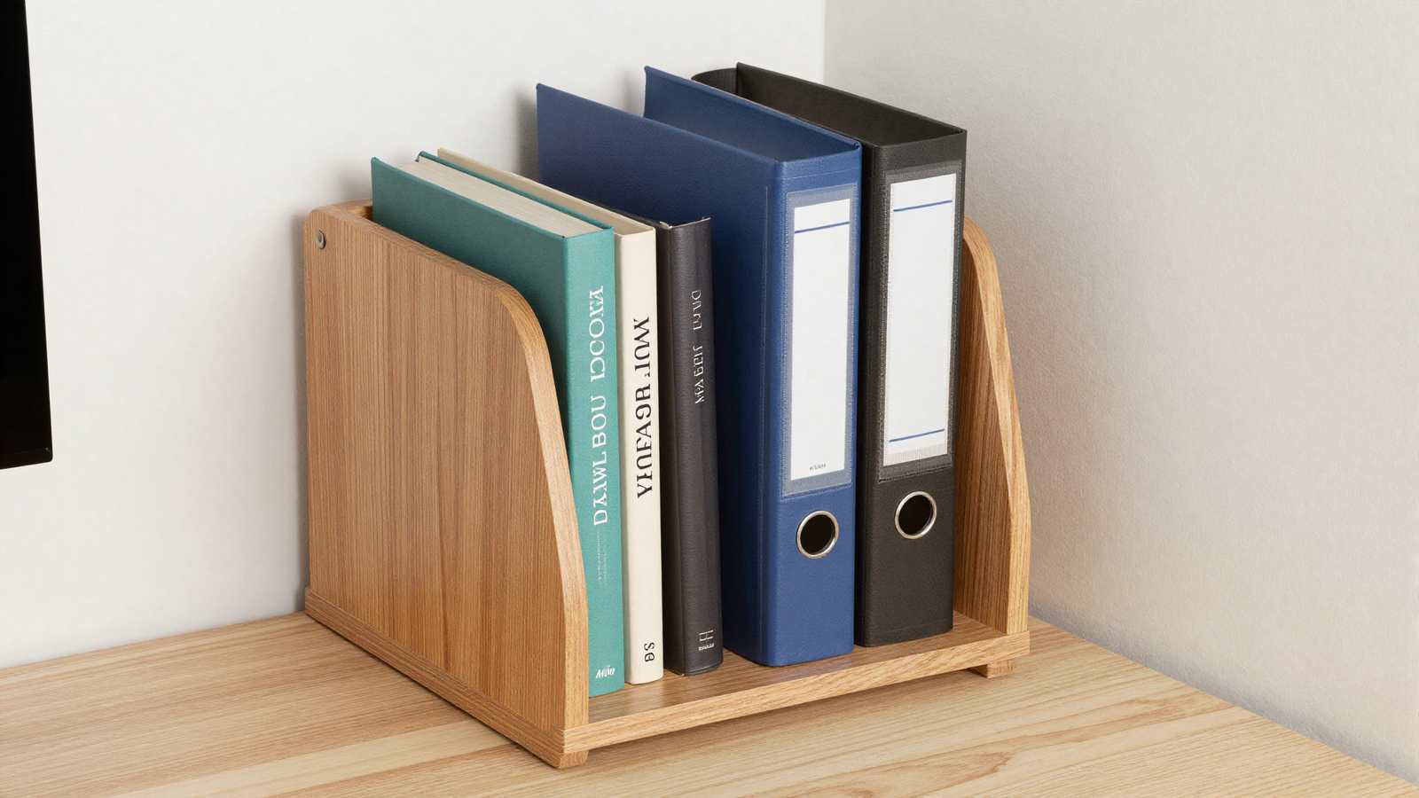 Small wooden bookcase tucked under home office desk holding books and binders