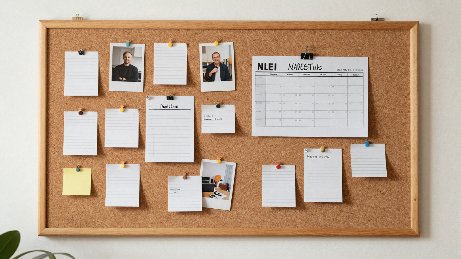 Home office wall with large natural cork board covered in notes photos and schedule