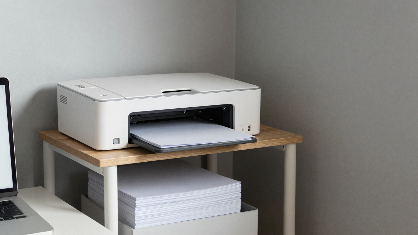 Home office corner with dedicated printer station on small shelf with paper storage below