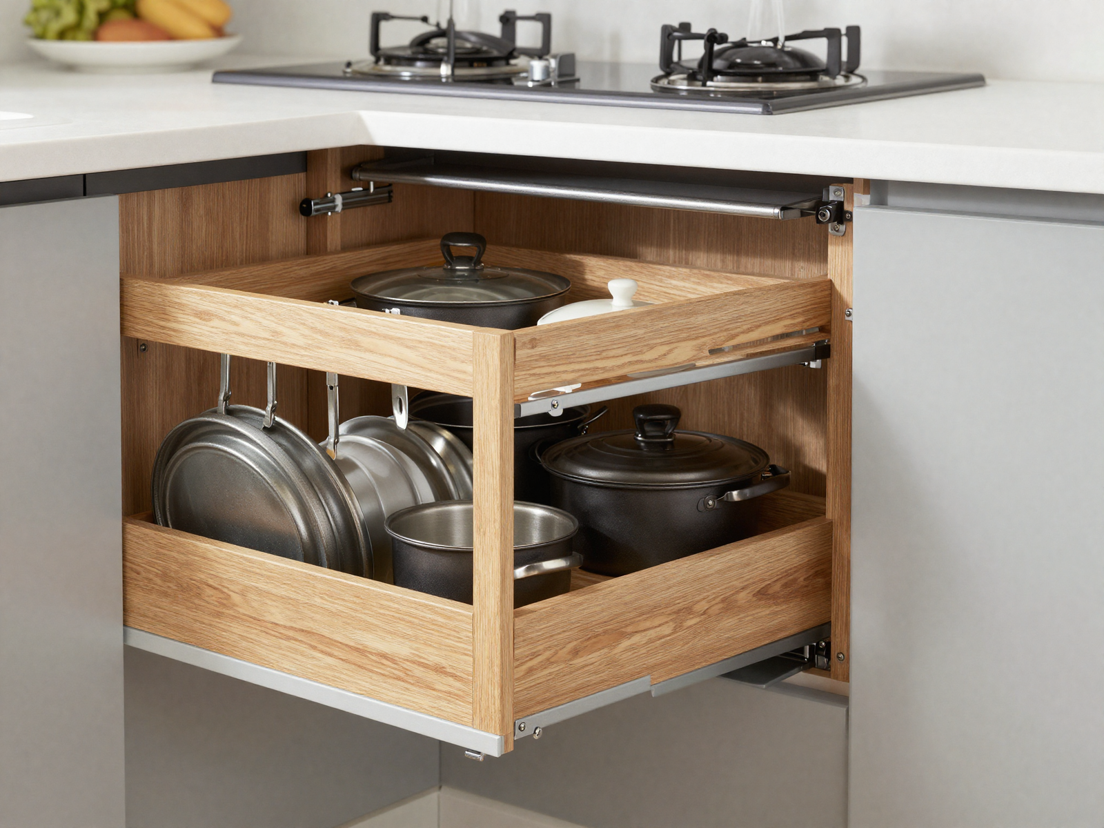 Deep kitchen cabinet with wood pull-out shelf extended showing pots