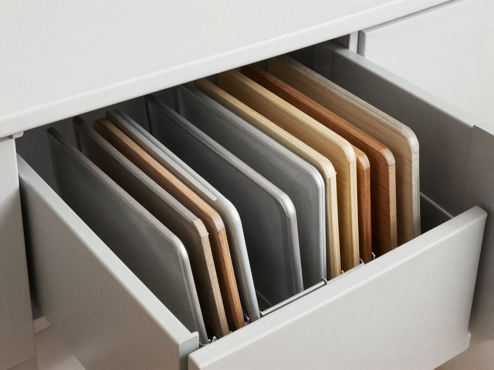 Kitchen drawer with vertical dividers holding baking sheets upright