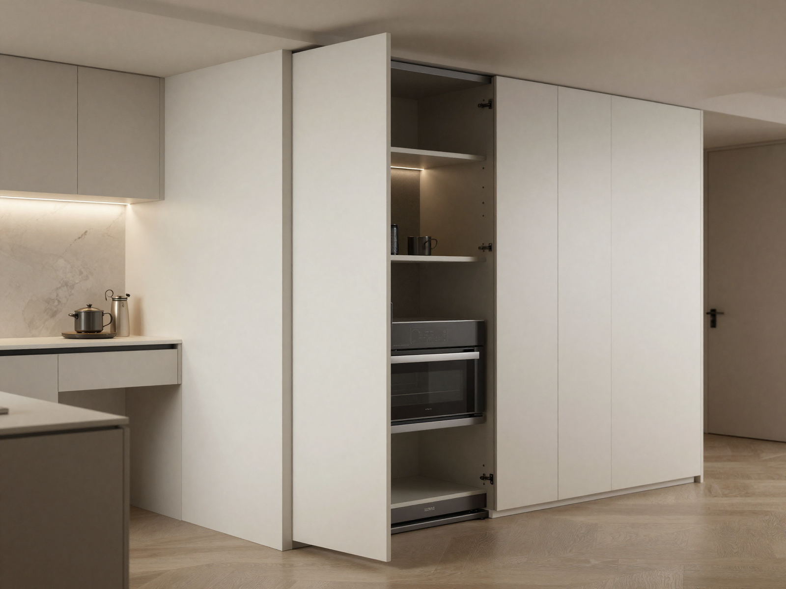 Tall kitchen cabinet door open revealing hidden appliance pantry