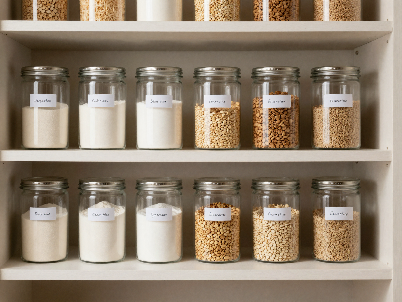 Clear glass canisters holding flour sugar and grains on pantry shelf