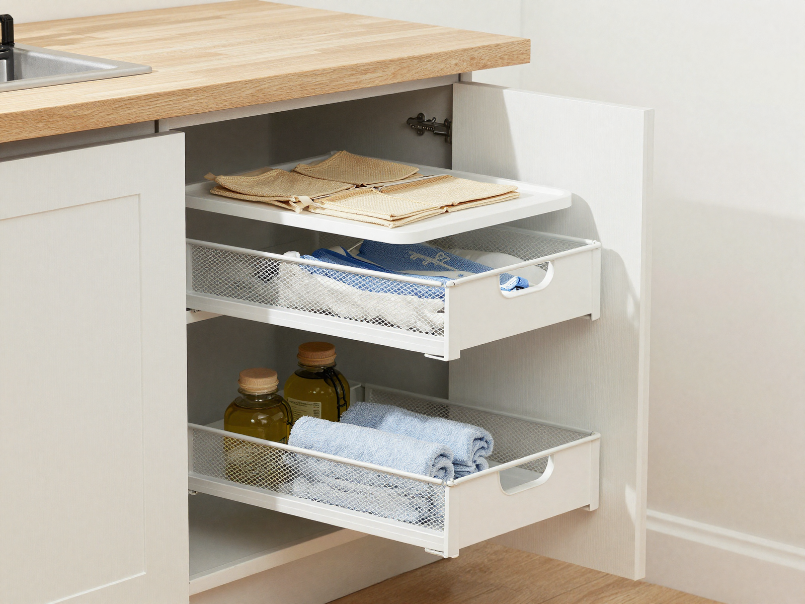 Rotating lazy susan organizer extended from a kitchen corner cabinet