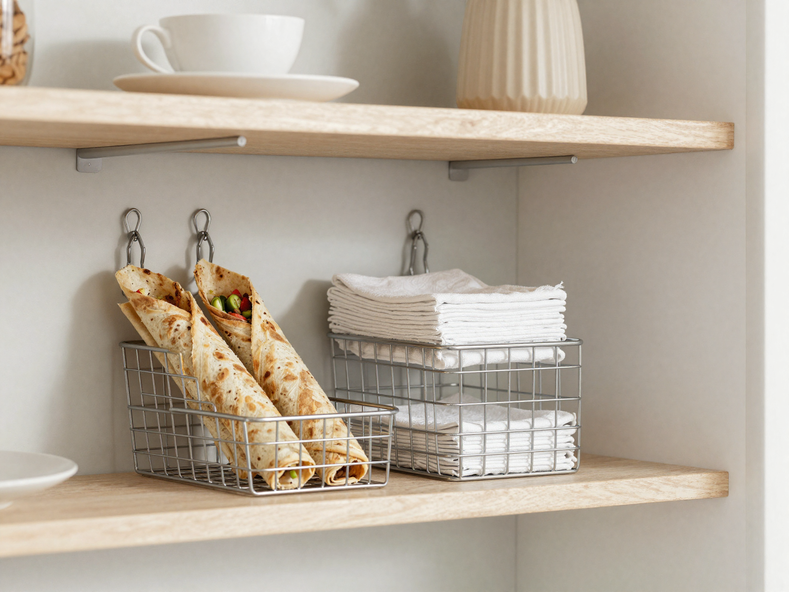 Wire basket hanging under a kitchen shelf holding wraps and napkins
