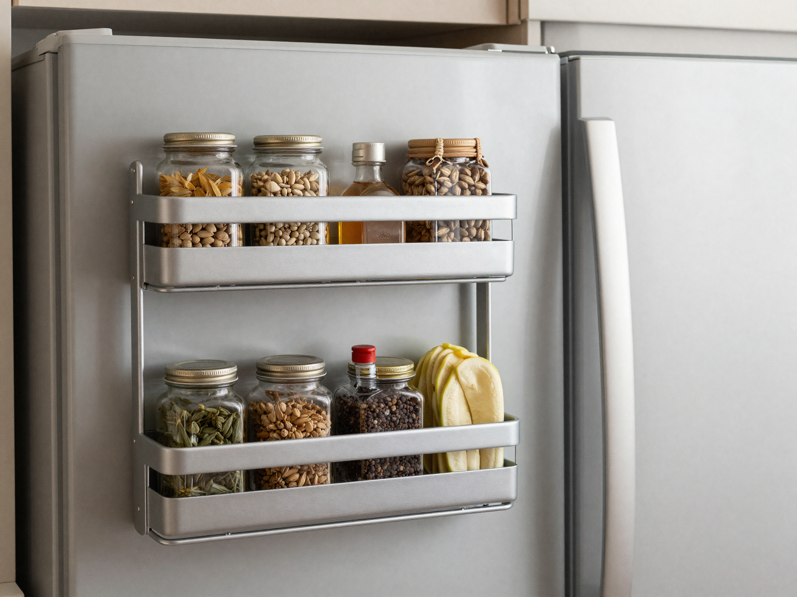 Magnetic spice tins mounted vertically on kitchen fridge side