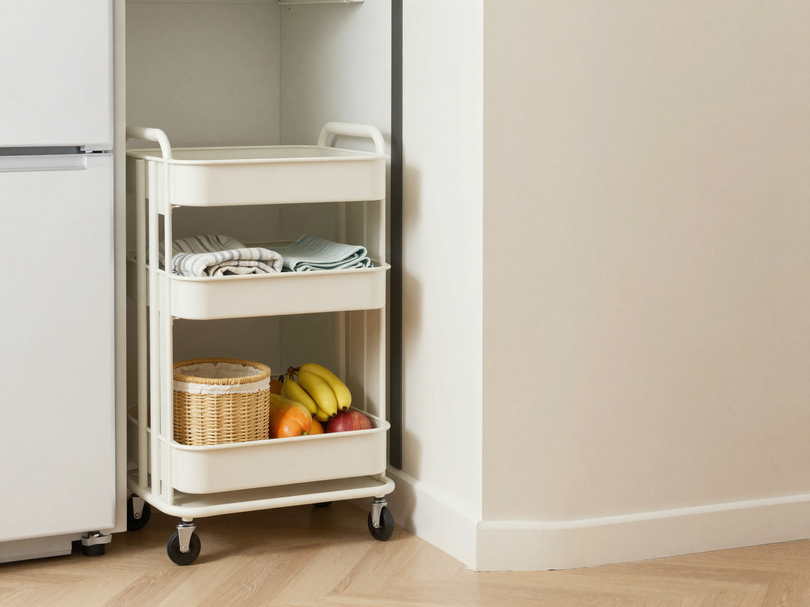 Slim rolling storage cart pulled out from a narrow kitchen gap